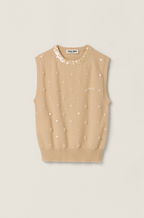 Miu Miu “Petal Éclat” Embellished Cashmere Knit Vest — Nude Beige | S–L