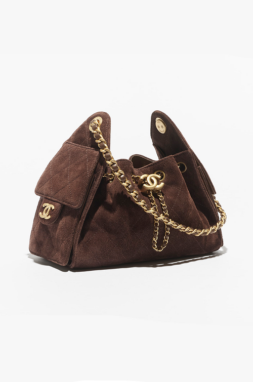 Chanel “Cacao Cabas” Quilted Suede Drawstring Mini Bag — Chocolate