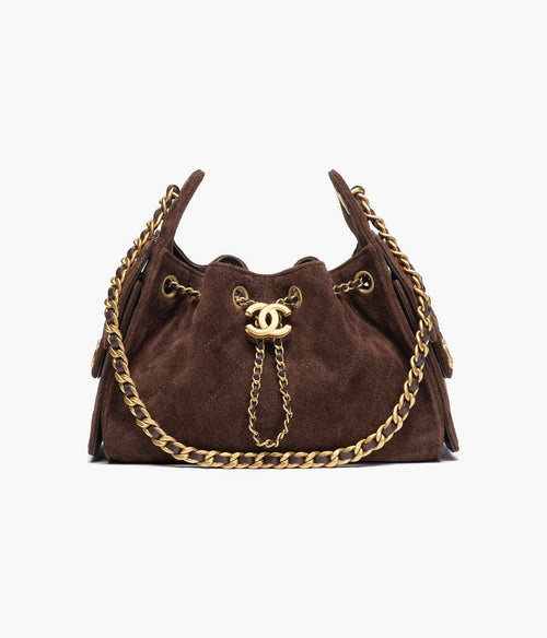 Chanel “Cacao Cabas” Quilted Suede Drawstring Mini Bag — Chocolate