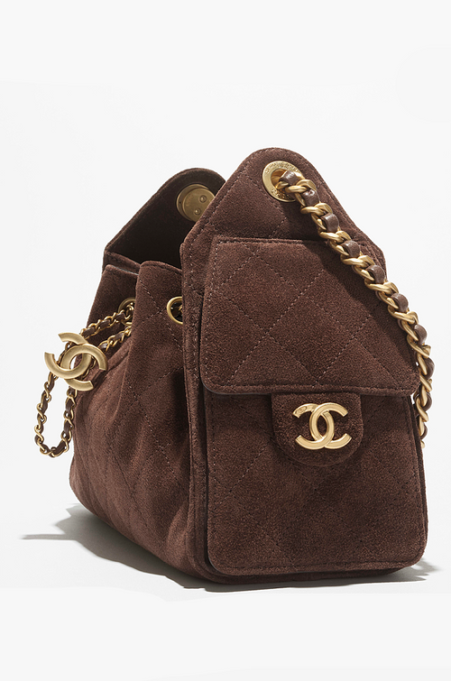 Chanel “Cacao Cabas” Quilted Suede Drawstring Mini Bag — Chocolate