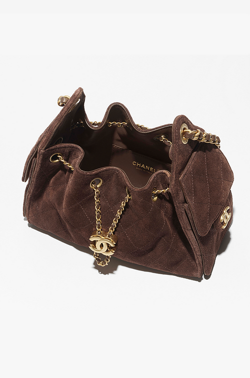 Chanel “Cacao Cabas” Quilted Suede Drawstring Mini Bag — Chocolate