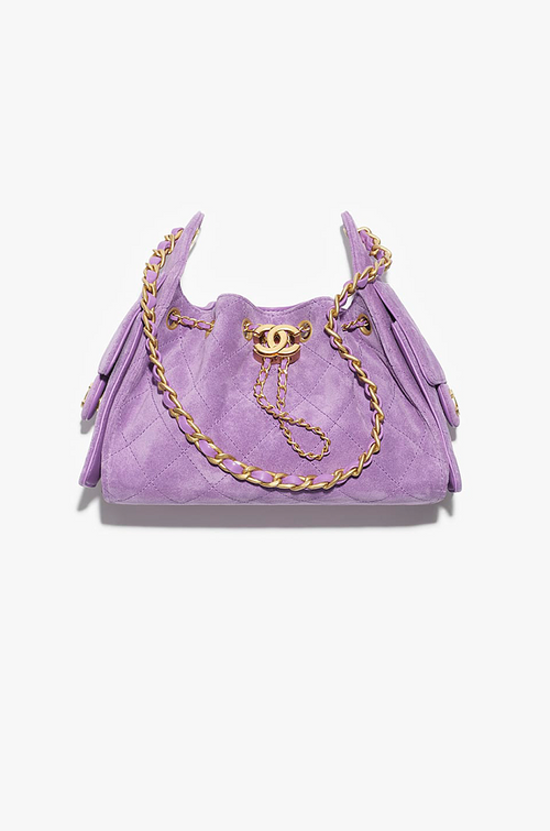 Chanel “Éclat Lavande” Suede Quilted Drawstring Mini Bag