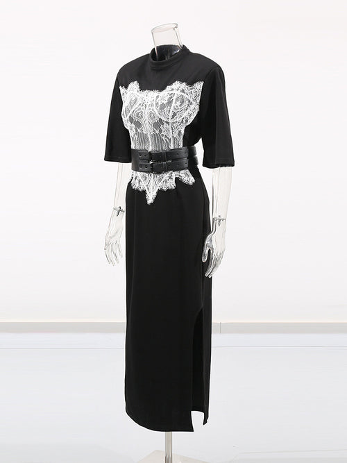 Noir Époque Belted Lace Panel Midi Dress