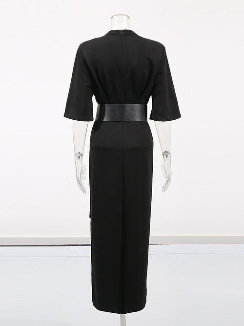 Noir Époque Belted Lace Panel Midi Dress