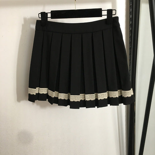 Miu Miu Noir Pleated Mini Skirt with Lace Trim