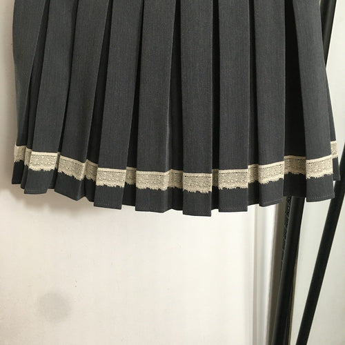 Miu Miu Charcoal Pleated Mini Skirt with Lace Trim