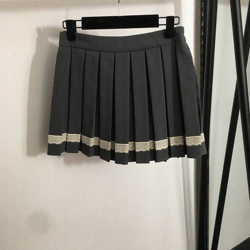 Miu Miu Charcoal Pleated Mini Skirt with Lace Trim