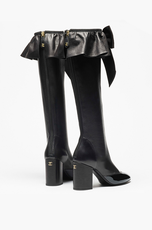 Chanel “Ruffle Royale” Patent-Toe Leather Knee Boots