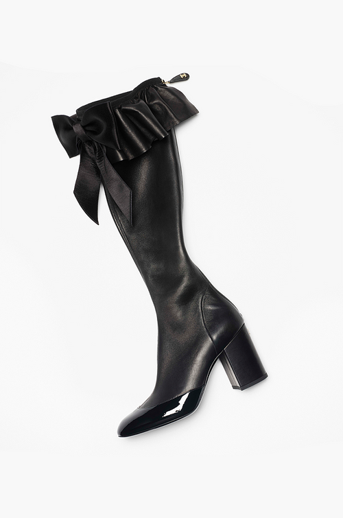 Chanel “Ruffle Royale” Patent-Toe Leather Knee Boots
