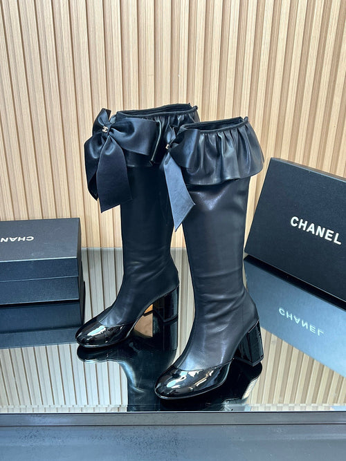 Chanel “Ruffle Royale” Patent-Toe Leather Knee Boots