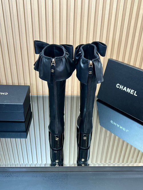 Chanel “Ruffle Royale” Patent-Toe Leather Knee Boots