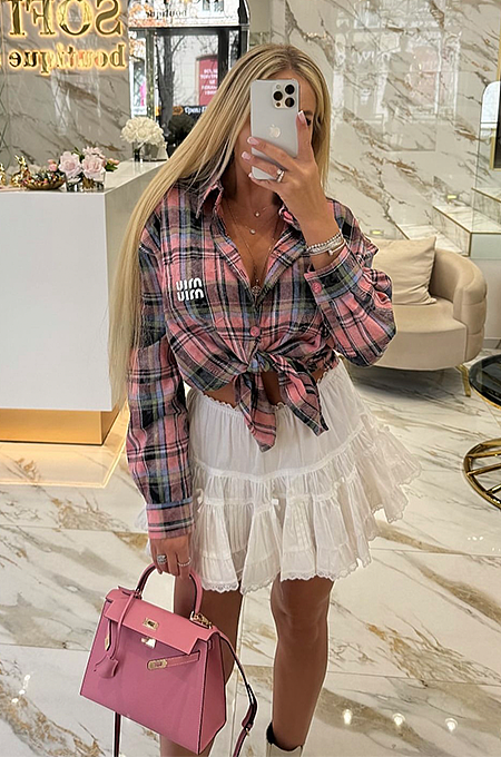 Plaid Charm Tie-Front Shirt & Tiered Lace Mini Skirt Set – Pink/White (S-L)