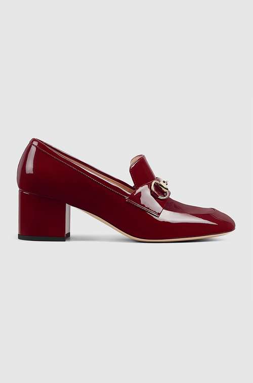 Gucci “Rosso Lucente” Patent Horsebit Block-Heel Loafers