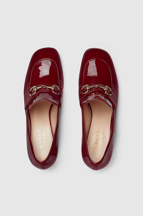 Gucci “Rosso Lucente” Patent Horsebit Block-Heel Loafers