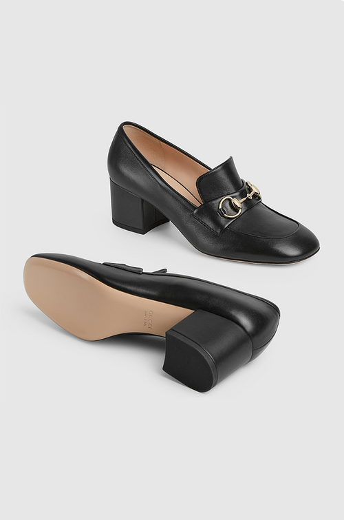 GUCCI “Notte Classica” Black Leather Horsebit Loafer Heels