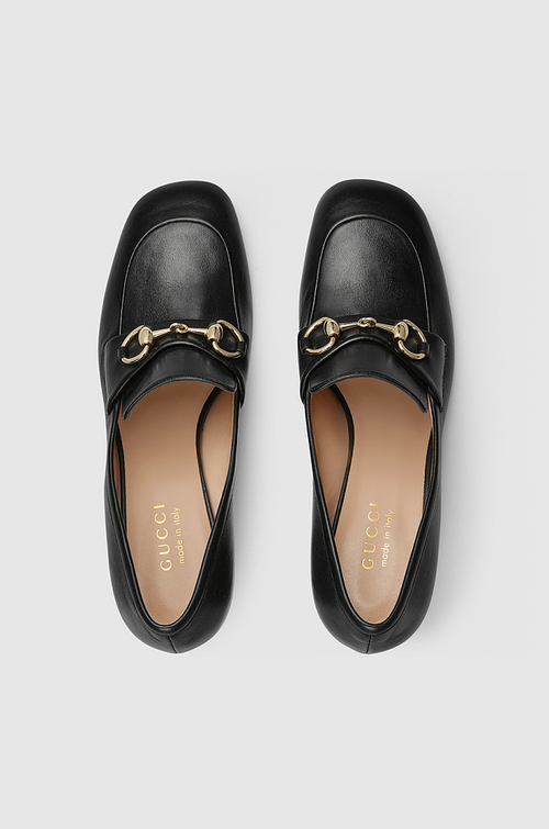 GUCCI “Notte Classica” Black Leather Horsebit Loafer Heels