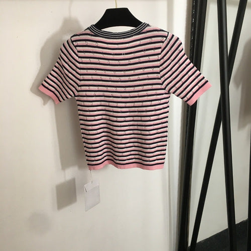 Chanel Candy Stripe Knit Logo Tee