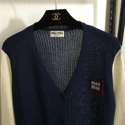 Miu Miu Contrast Sleeve Knit Cardigan – Navy/Ivory (One Size)