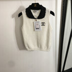 Chanel Knit Sleeveless Top with Contrast Collar – Black & Ivory
