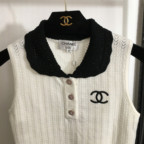 Chanel Knit Sleeveless Top with Contrast Collar – Black & Ivory