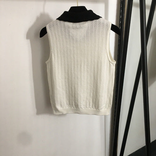 Chanel Knit Sleeveless Top with Contrast Collar – Black & Ivory