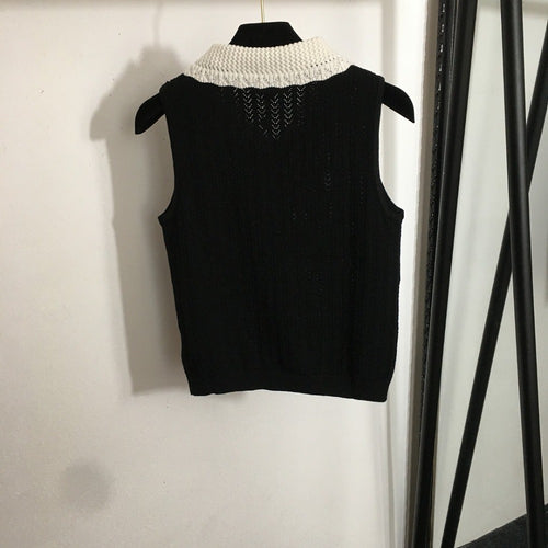 Chanel Knit Sleeveless Top with Contrast Collar – Black & Ivory