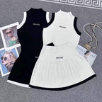 Miu Miu Contrast Knit Sleeveless Top & Pleated Mini Skirt Set