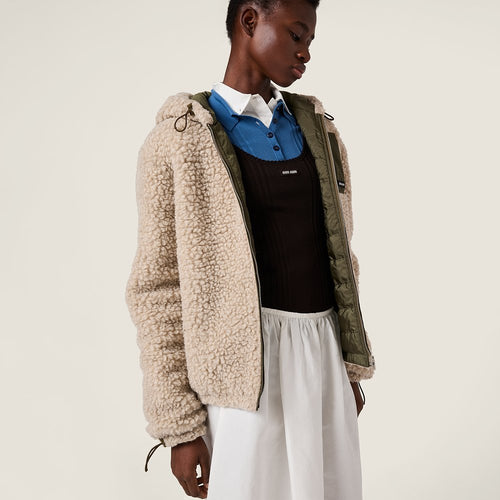 Miu Miu “Alpine Bouclé Shearling Hooded Jacket” — Oatmilk Beige (S–L)