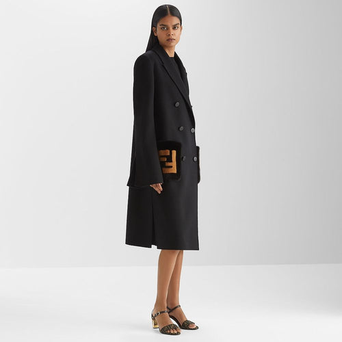Fendi “Iconica Roma” Double-Breasted Wool Coat with FF Fur Pockets — Black (S–L)