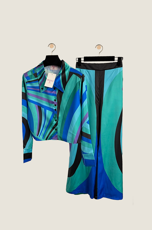 Pucci “Azzura Vortice” Silk-Blend Printed Two-Piece Set (Shirt + Wide-Leg Pant)