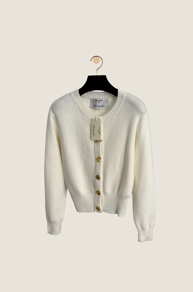 Schiaparelli “Boutons d'Or” Sculpted Gold-Button Knit Cardigan