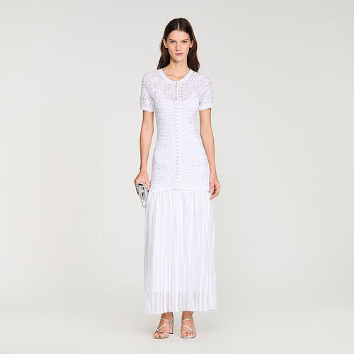 Sandro Lumière Blanche Knit & Pleated Midi Dress