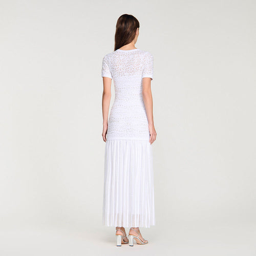 Sandro Lumière Blanche Knit & Pleated Midi Dress
