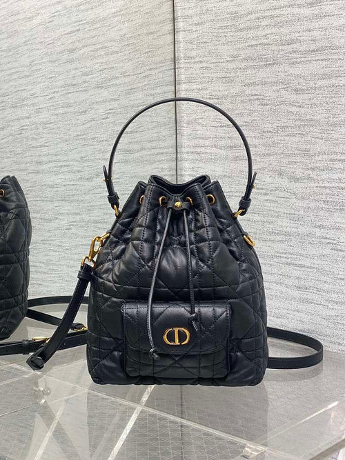 Christian Dior Small Caro Bucket Bag in Black Cannage Lambskin