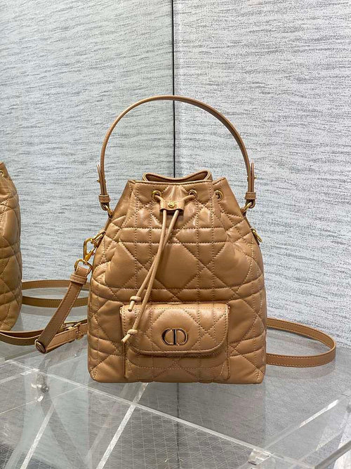 Christian Dior Small Caro Bucket Bag in Camel Cannage Lambskin