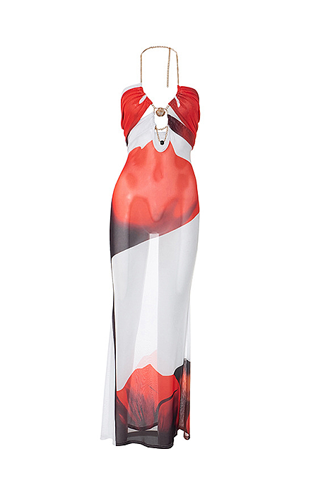 Artsy Reverie Chain Halter Dress in Red & White