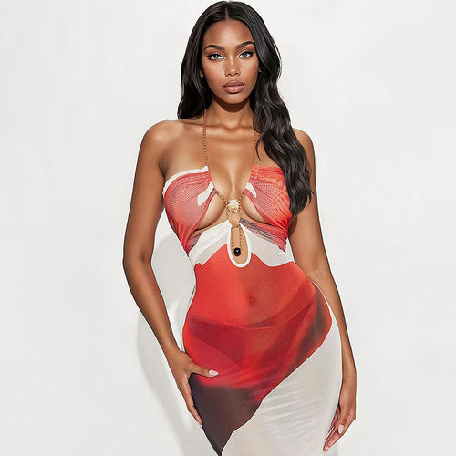 Artsy Reverie Chain Halter Dress in Red & White