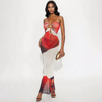 Artsy Reverie Chain Halter Dress in Red & White