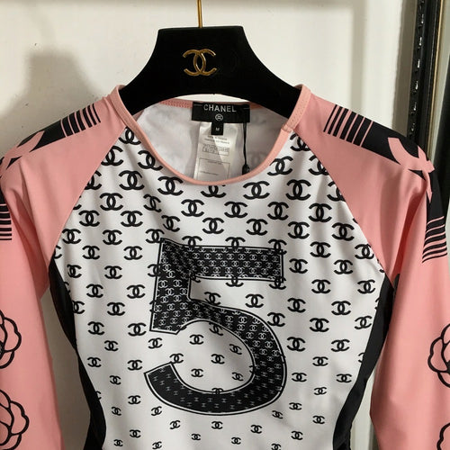 Chanel No.5 Long-Sleeve Monogram Swimsuit Bodysuit
