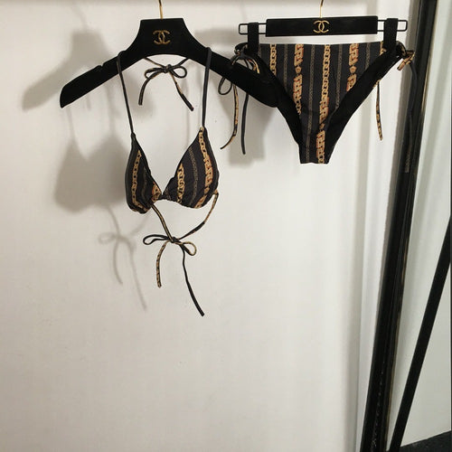 Versace Chain & Baroque Stripe Triangle Bikini Set