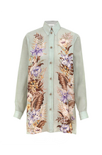 Ethereal Garden Silk Set – Sage Green Botanical Print Shirt & Wide-Leg Pants (S–XL)