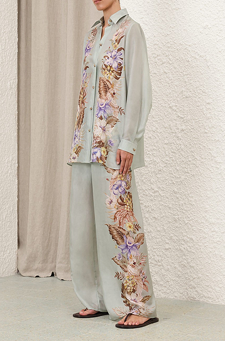 Ethereal Garden Silk Set – Sage Green Botanical Print Shirt & Wide-Leg Pants (S–XL)