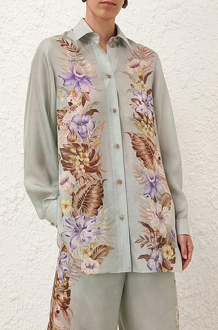 Ethereal Garden Silk Set – Sage Green Botanical Print Shirt & Wide-Leg Pants (S–XL)