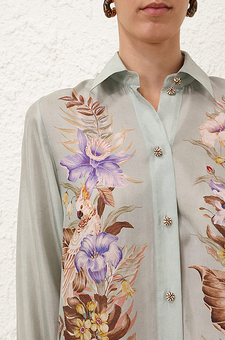 Ethereal Garden Silk Set – Sage Green Botanical Print Shirt & Wide-Leg Pants (S–XL)