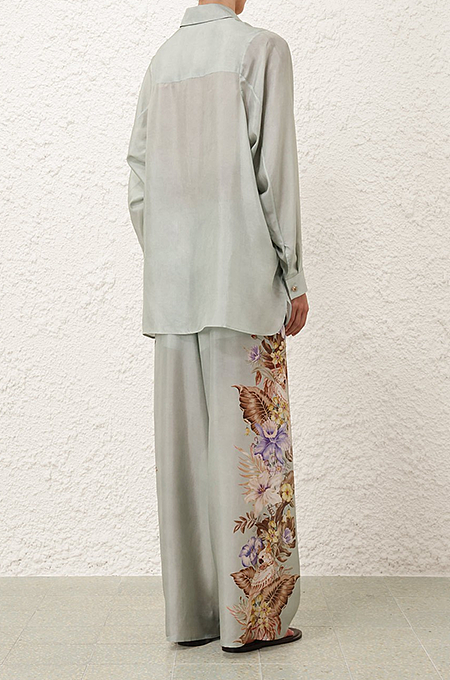 Ethereal Garden Silk Set – Sage Green Botanical Print Shirt & Wide-Leg Pants (S–XL)