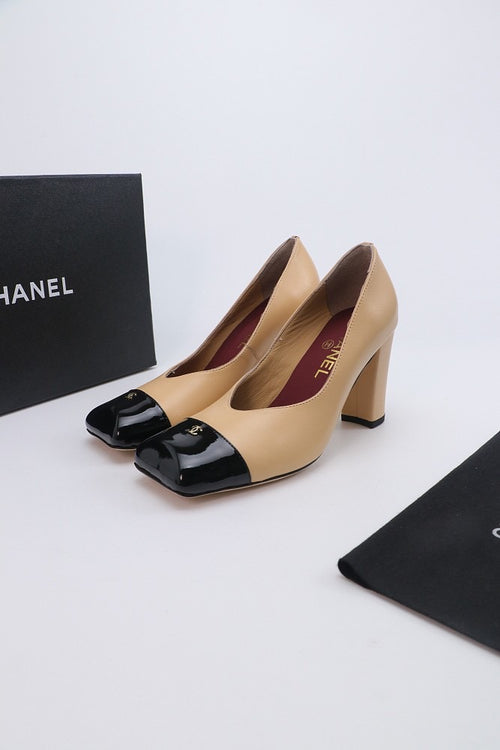 Chanel Two-Tone Cap-Toe Block Heel Pumps