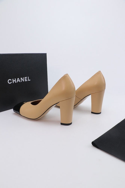 Chanel Two-Tone Cap-Toe Block Heel Pumps