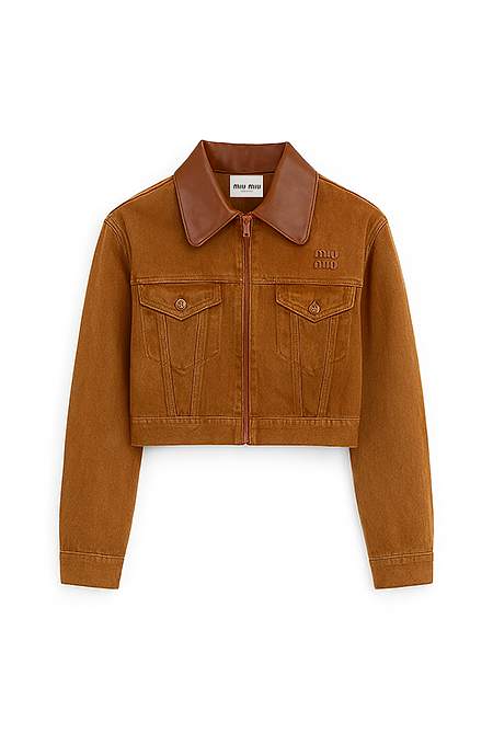 Miu Miu Cognac Cropped Denim Jacket with Leather Collar – LUXE