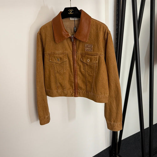 Miu Miu Cognac Cropped Denim Jacket with Leather Collar