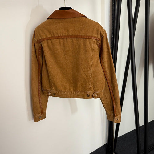 Miu Miu Cognac Cropped Denim Jacket with Leather Collar